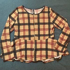 Plaid Flannel Zip Up Peplum Flare Cardigan XL
